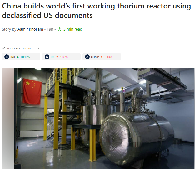 HopfJames's tweet photo. China is way ahead in terms of non-water reactors.  They've just refueled the world's first molten salt thorium reactor.  Article link in reply. https://t.co/D0TrusAecK