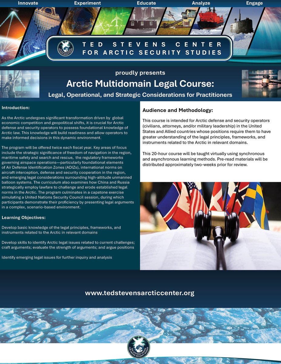Ted Stevens Center for Arctic Security Studies (@stevens_center) on Twitter photo 🚨 Registration Now Open: Arctic Multidomain Legal Course (AMLC) 🚨
📅 Dates: May 6-8, 2025
🔗 Register here: TSCRegistrar@groups.af.mil 🚨 Registration Now Open: Arctic Multidomain Legal Course (AMLC) 🚨
📅 Dates: May 6-8, 2025
🔗 Register here: TSCRegistrar@groups.af.mil