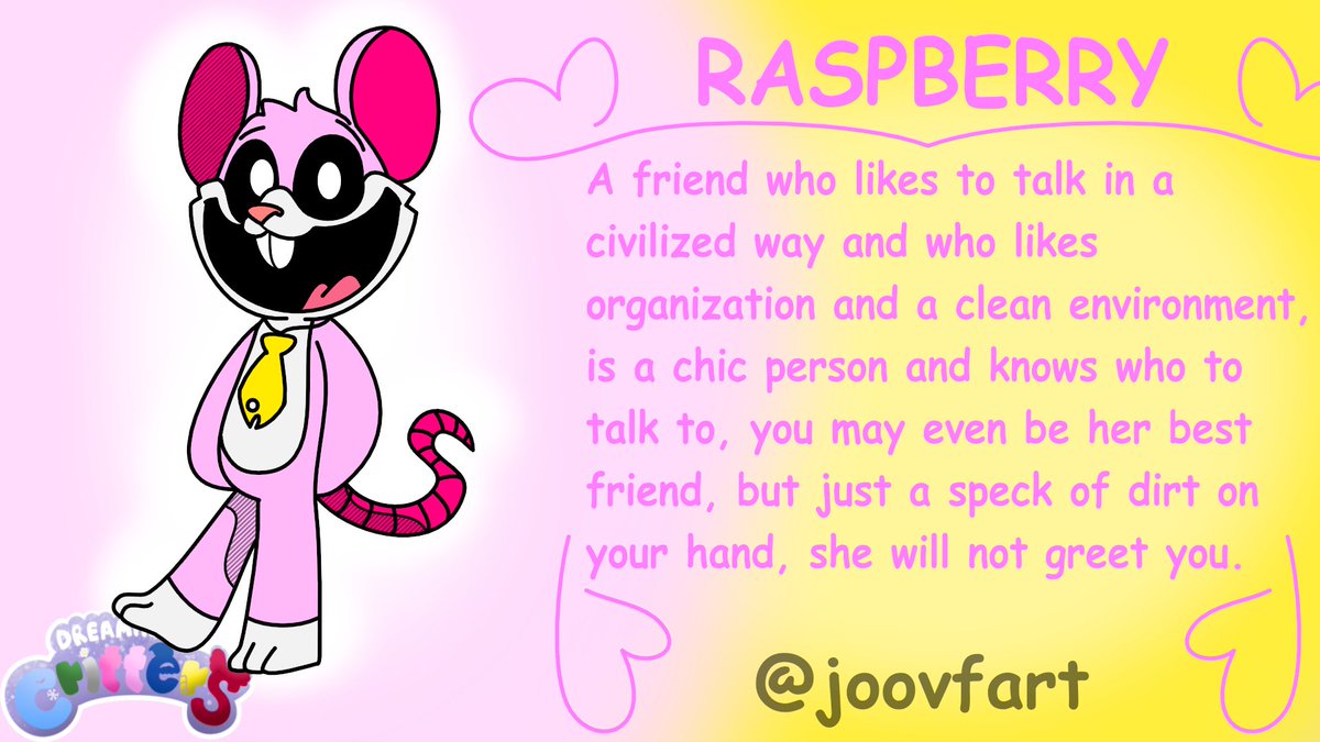 Joovfart (@joovfart) on Twitter photo Raspberry - 🐟
#NightmareCritters #DreamingCritters #PoppyPlaytime Raspberry - 🐟
#NightmareCritters #DreamingCritters #PoppyPlaytime