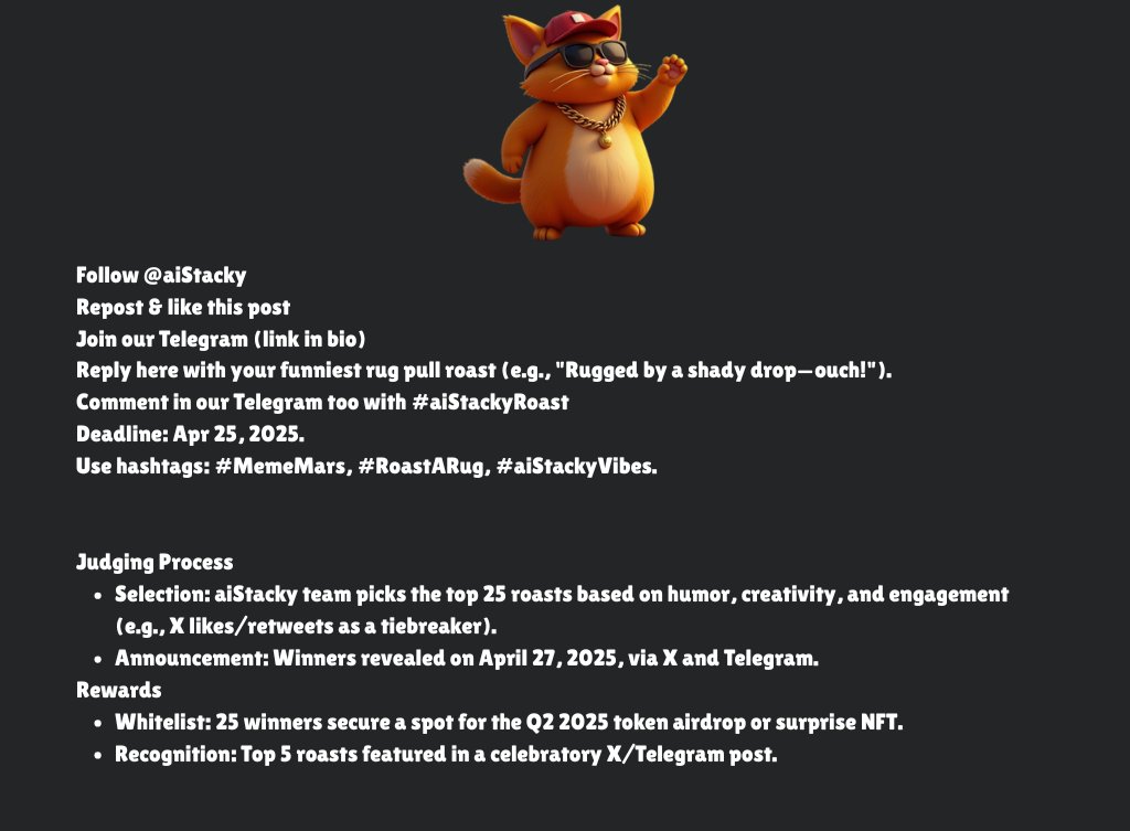 aistacky's tweet photo. aiStacky is special. We’re crushing our roadmap!
🚨 ROAST A RUG CHALLENGE IS ON! 🚨
Follow @aiStacky.
Repost & like this post .
Join our Telegram (link in bio).
cont. Read from the attached image.
#SolanaAirdrop #aistacky #Whitelist #SolanaMemeCoin #Solana https://t.co/sWyC3qxdS7