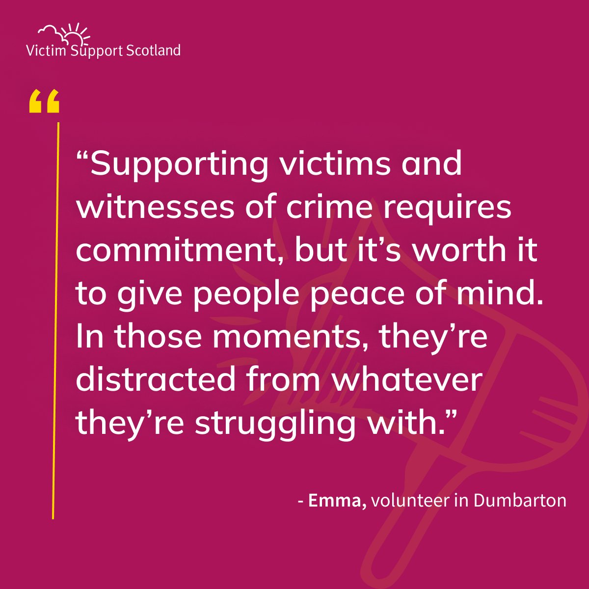 Dumbarton volunteer Emma joined our team with the aim of gaining experience for her career but has stayed because of the positive impact she's making.

“It’s incredible to see people come out the other side after dealing with horrible situations."

Join us victimsupport.scot/volunteertoday…