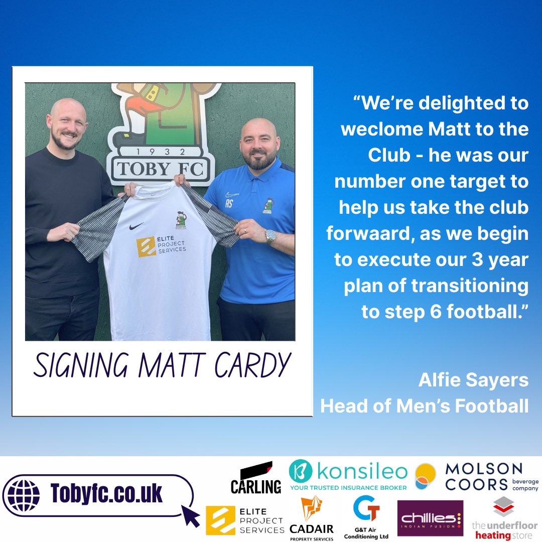 TobyFC_'s tweet image. 𝓜𝓪𝓷𝓪𝓰𝓮𝓶𝓮𝓷𝓽 𝓢𝓲𝓰𝓷𝓲𝓷𝓰 ✍️ 

We are delighted to announce the appointment of Matt Cardy as Toby FC First Team Manager, effective from the start of pre-season. 

Matt has a really strong pedigree in football at this level, is a UEFA B qualified coach and above all, an…