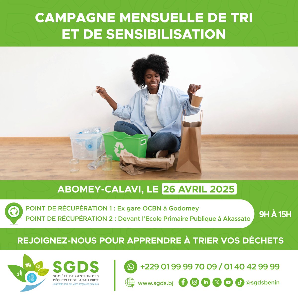 sgdsbenin's tweet photo. ♻️ La SGDS lance sa campagne mensuelle de tri à Abomey-Calavi le 26 avril !
🌱 Sensibilisation, tri des déchets, poubelles à prix réduit, collecte à Godomey &amp; Akassato.
🕘 Dès 9h, rejoignez-nous !
#TriDesDechets #sgds #wasexo #VillesDurables #SensibilisationEnvironnementale https://t.co/sbuv7GJxCr