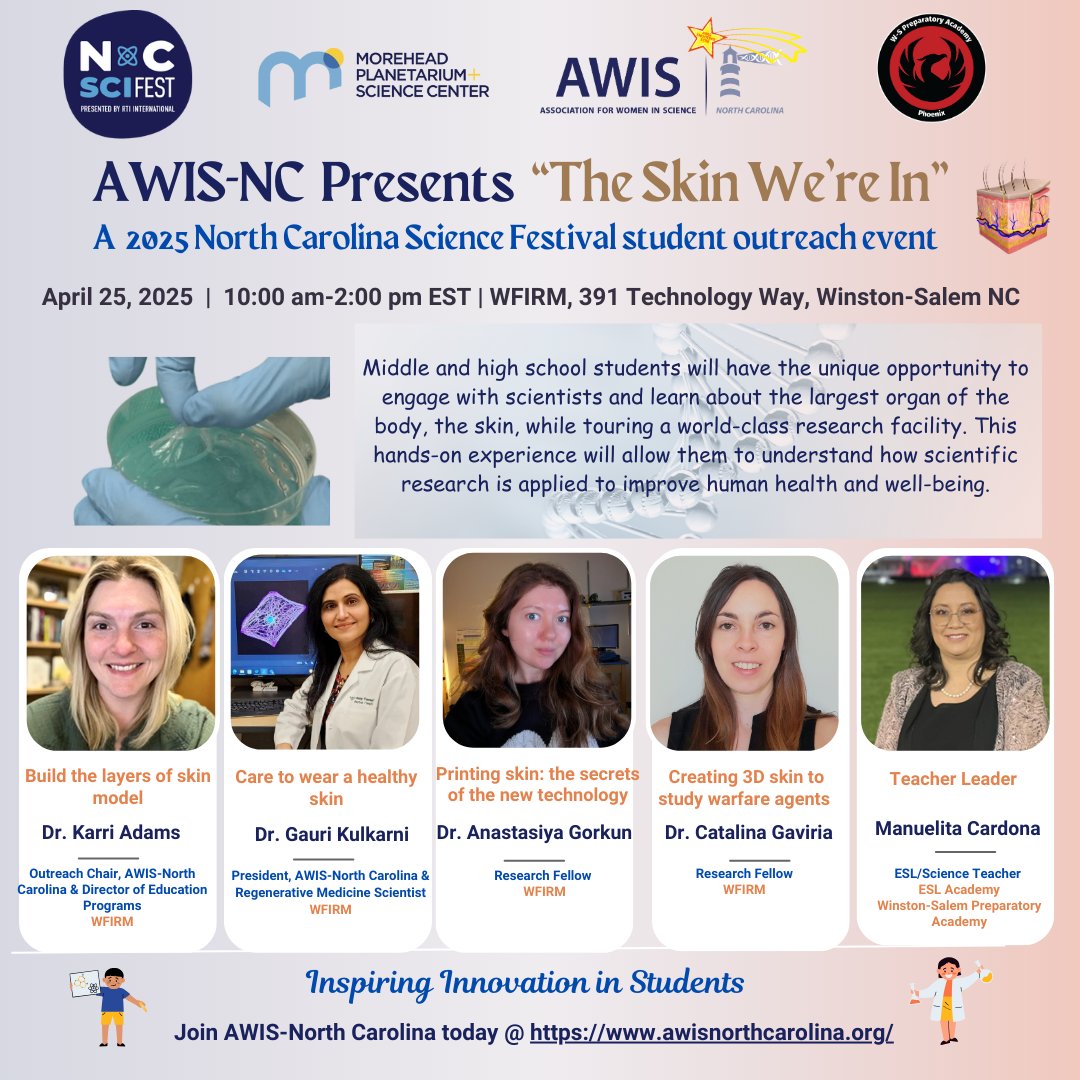 AWIS-North Carolina (@awisnc) on Twitter photo 🔬 Dive into the science of skin with AWIS NC & <a href="/ncscifest/">North Carolina Science Festival</a> ! Middle & high school students, explore skin layers, view cells under microscopes, and build 3D models. Registration required, visit ncsciencefestival.org/events/skin-we…
#WomenInSTEM #NCSciFest #AWISNC 🔬 Dive into the science of skin with AWIS NC & <a href="/ncscifest/">North Carolina Science Festival</a> ! Middle & high school students, explore skin layers, view cells under microscopes, and build 3D models. Registration required, visit ncsciencefestival.org/events/skin-we…
#WomenInSTEM #NCSciFest #AWISNC