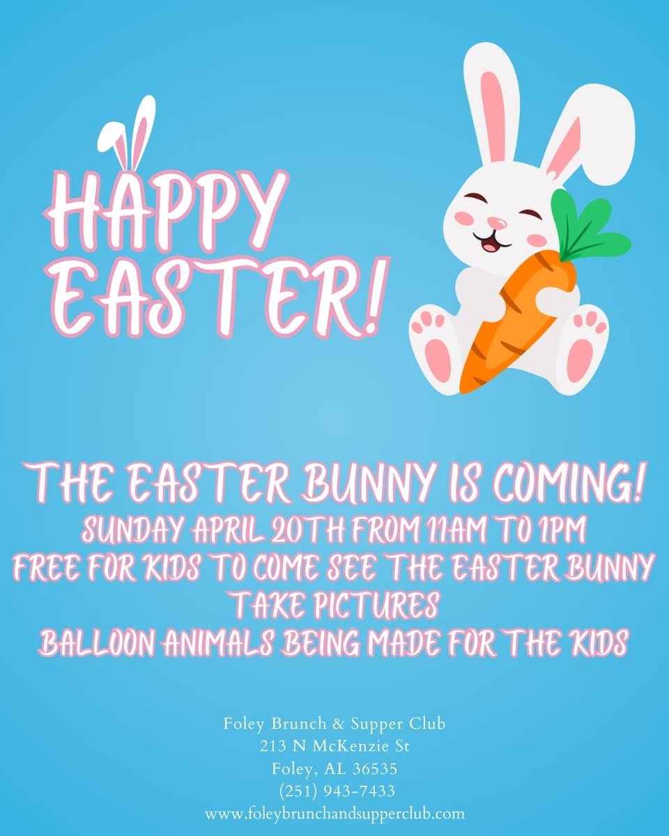 FoleyBrunchClub's tweet photo. Celebrate Easter with your Foley Brunch &amp; Supper Club family! 🌸 Join us Sunday, April 20th for a day full of smiles, sweet moments, and a special visit from the Easter Bunny! 🐰 

#FoleysBrunchAndSupperClub #FoleyAL #Alabamafoodie #BrunchLife #BrunchGoals #LocalEats #VisitFoley https://t.co/AmAvQcrTsm