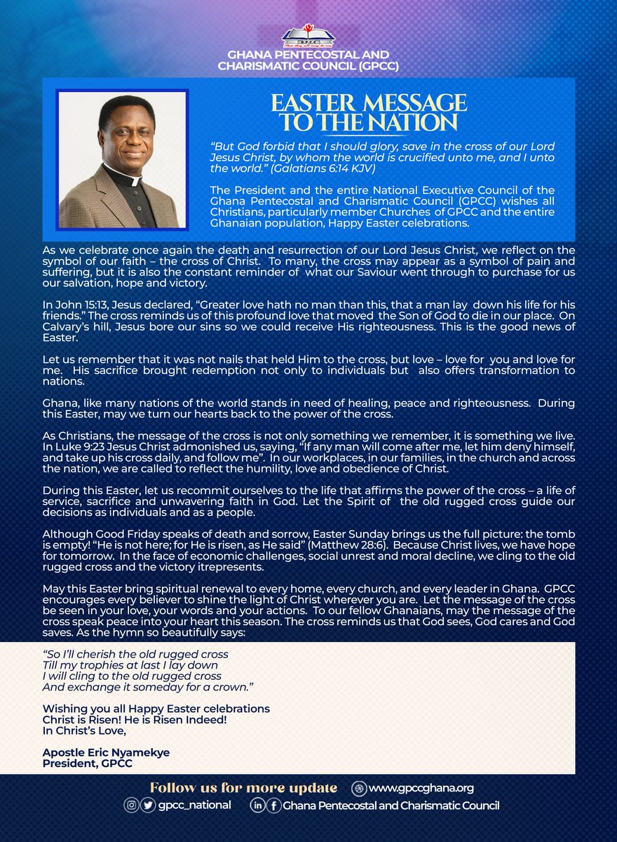 GpccNational's tweet photo. Message from the President of Ghana Pentecostal and Charismatic Council, Apostle Eric Nyamekye. https://t.co/Ozo9yZnoe5