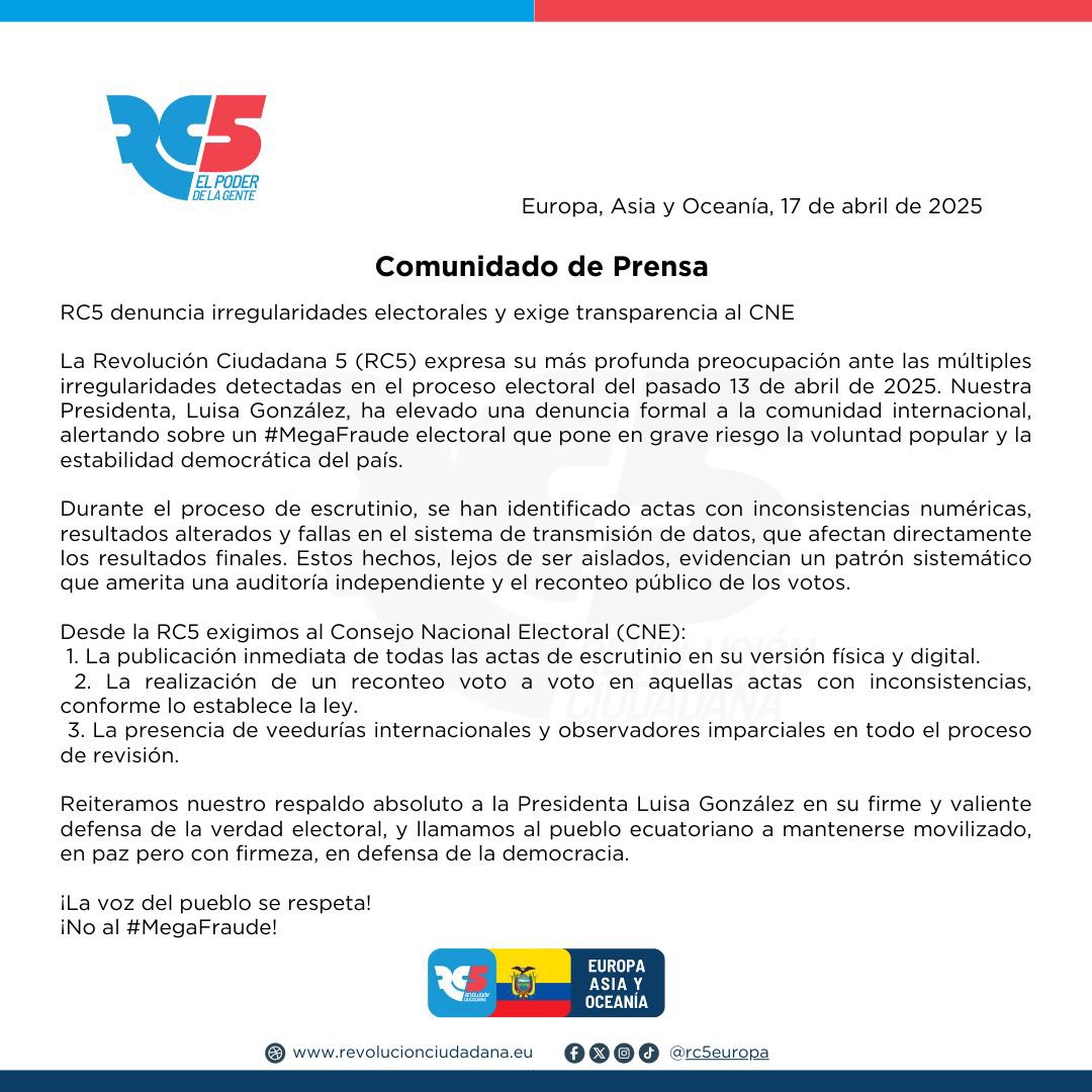 RC5Europa's tweet photo. 📣COMUNICADO DE PRENSA

RC5 en Europa, Asia y Oceanía denuncia irregularidades electorales y exige transparencia al @cnegobec https://t.co/Gn07wfT9Ks