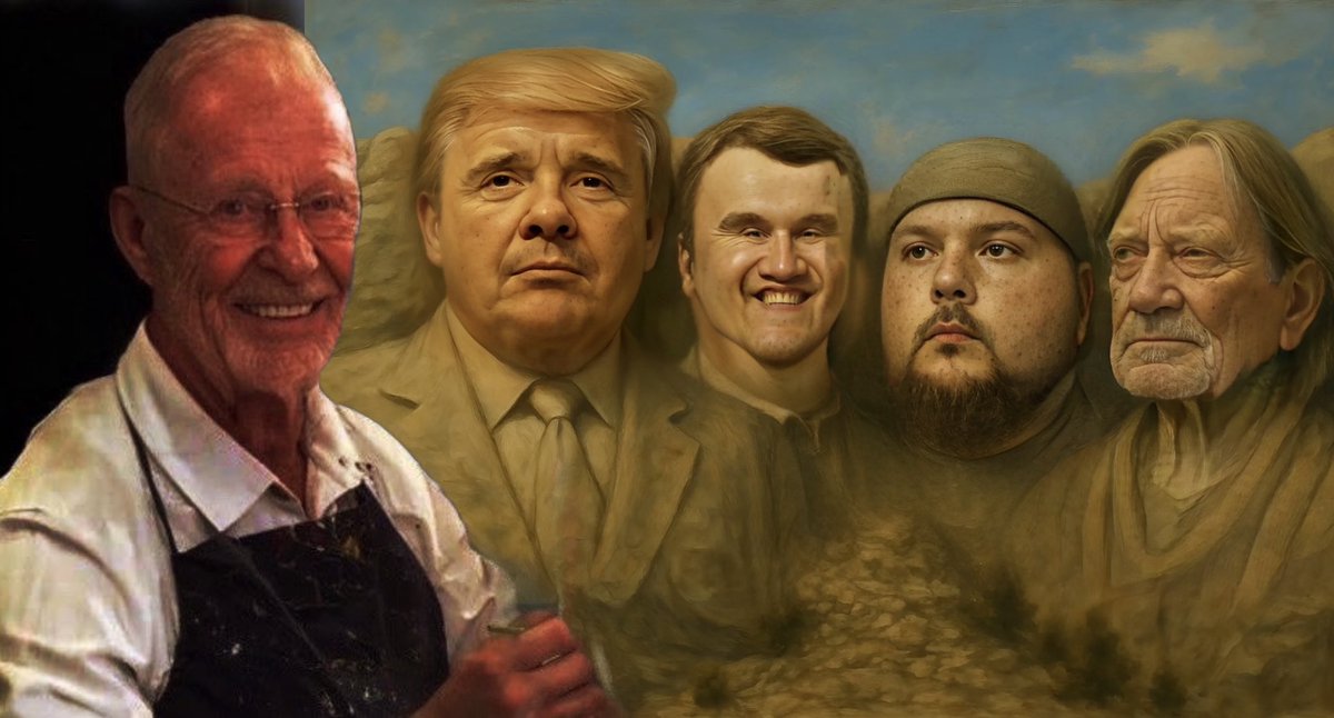 GaryPetersonUSA's tweet image. My latest piece honors the Mt. Rushmore of Straightriotism, featuring President Trump, Charlie Kirk, Tim Pool, and Kevin Sorbo; all of whom have made rock hard manhood great again.