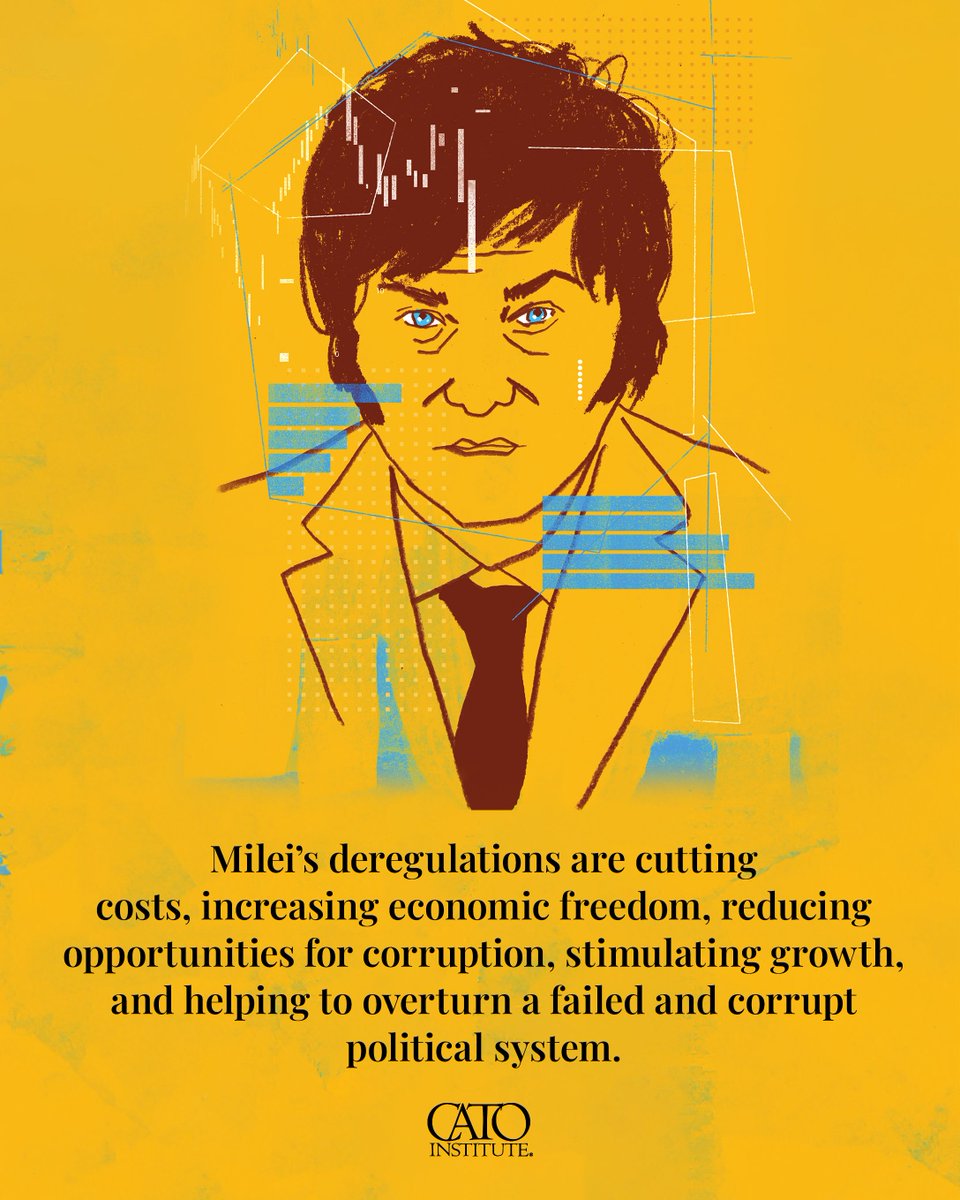 CatoInstitute's tweet photo. What happens when a country slashes red tape and trusts free markets? 
Argentina is showing us. President Milei’s deregulations are cutting costs, stimulating growth, and breaking the cycle of corruption. https://t.co/orDU33YoxR
