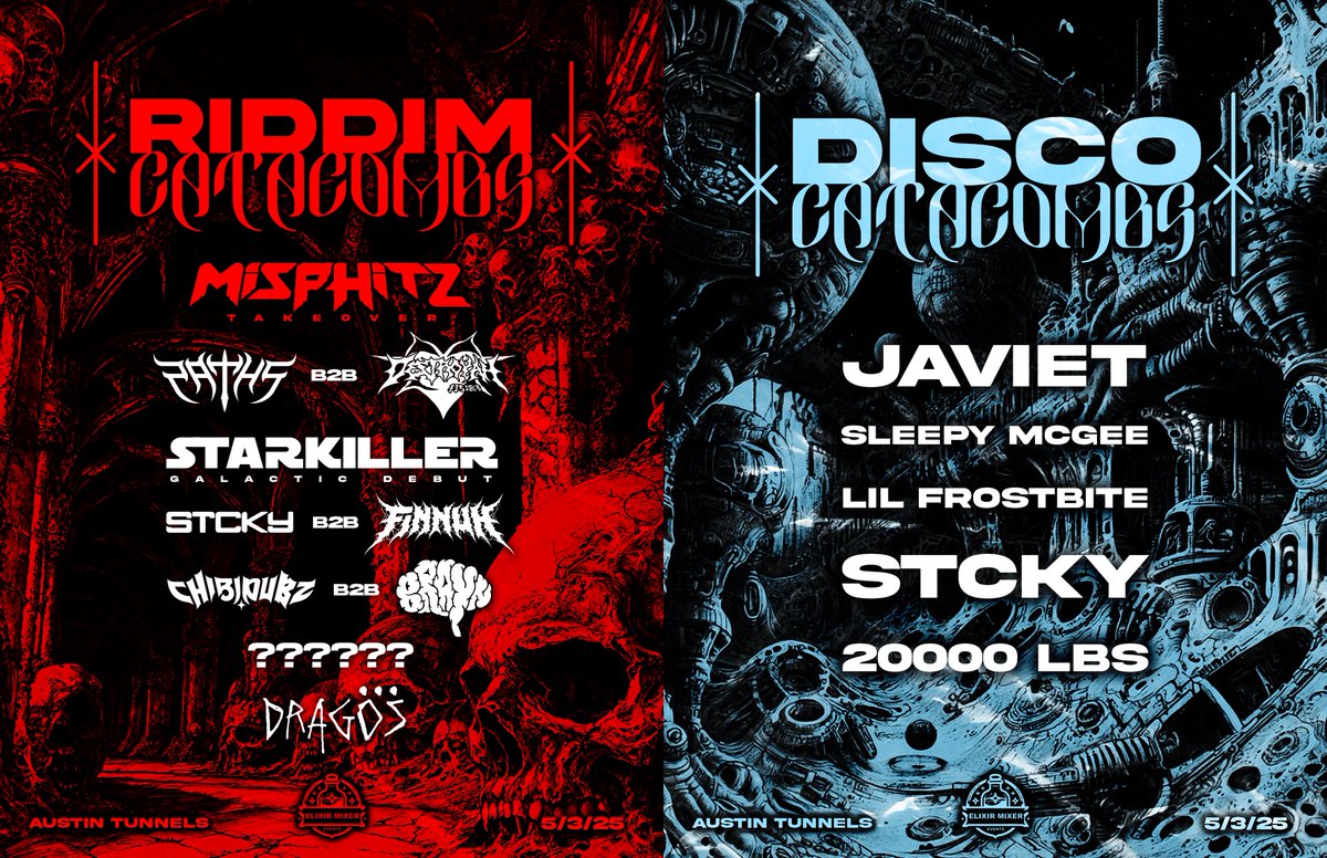 PRESENTING: RIDDIM CATACOMBS FT MISPHITZ TAKEOVER

Extremely excited for the first ever STCKY B2B FINNUH as well as the GALACTIC DEBUT of STARKILLER

Two stages: riddim &amp; dubstep and house &amp; techno

5/3 in Austin. rsvp for location (🔗 in 👤)