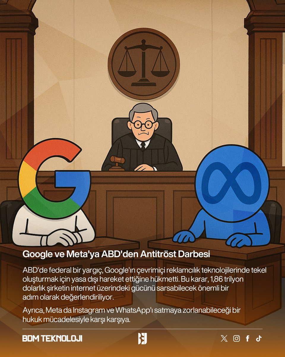bdmteknoloji's tweet photo. 🚨 Google ve Meta’ya Büyük Darbe!
ABD’de federal mahkeme, Google’ın reklamcılıkta tekel kurduğuna hükmetti. Meta ise Instagram ve WhatsApp’ı satmak zorunda kalabilir! 💥
Bu karar, teknoloji devlerinin gücünü sınırlayacak tarihi bir adım olabilir mi? 🤔

🗣 Sizce bu devlerin etkisi azalmalı mı? Yorumlarda buluşalım! 👇

#Google #Meta #TeknolojiHaberleri #Antitröst #Instagram #WhatsApp #DijitalDüzenleme #Gündem
