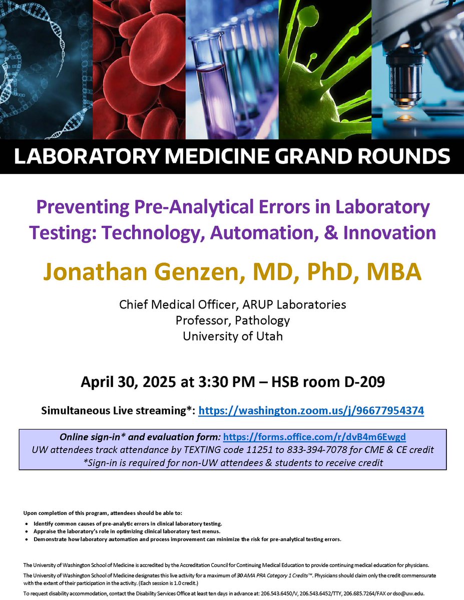 Join us for #laboratorymedicine #grandrounds "Preventing Pre-Analytical Errors in Laboratory Testing: Technology, Automation, &amp; Innovation" on Wednesday, April 30th at 3:30pm PT. Learn more: dlmp.uw.edu/events?trumbaE…