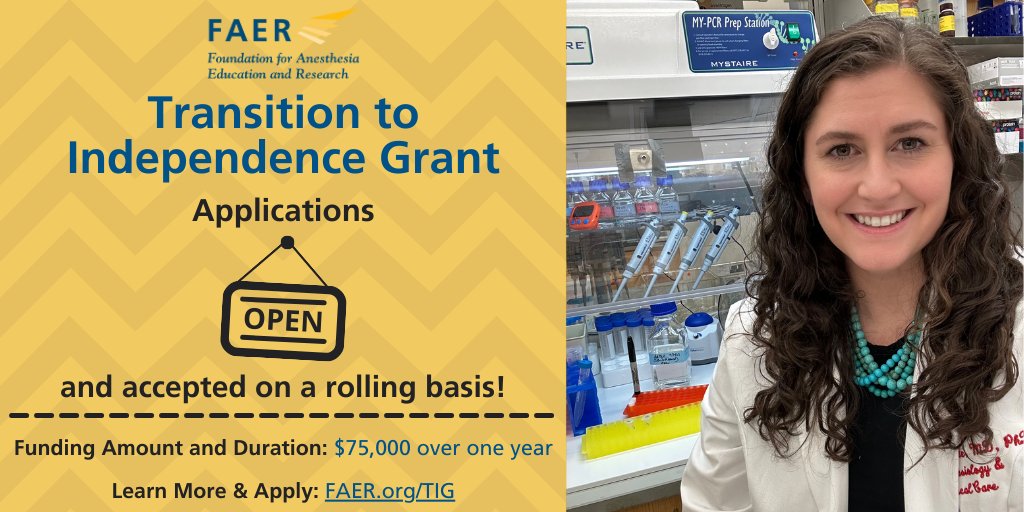 FAER (@faeranesthesia) on Twitter photo Mentored Research Training Grant (MRTG) recipients take note – FAER is accepting applications for the TIG @ FAER.org/TIG!
Available to past MRTGs who’ve completed their grant in the past 2 years & are revising & resubmitting an application for independent funding Mentored Research Training Grant (MRTG) recipients take note – FAER is accepting applications for the TIG @ FAER.org/TIG!
Available to past MRTGs who’ve completed their grant in the past 2 years & are revising & resubmitting an application for independent funding