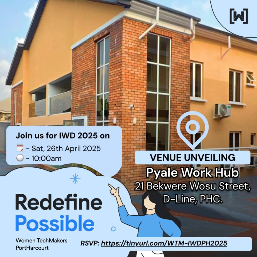 WTMPH's tweet photo. Drumroll, please... 🥁 🥁 🥁 
The wait is over, and we’ve got the perfect space to Redefine Possible!

Venue Details:
Pyale Work Hub
21 Bekwere Wosu Street,
D-Line, Diobu, Port Harcourt,
Rivers State, Nigeria.

#WTMIWDPHC2025 #RedefinePossible #WomenInTech #VenueReveal #GoogleWTM https://t.co/qSJ1XWcnU0