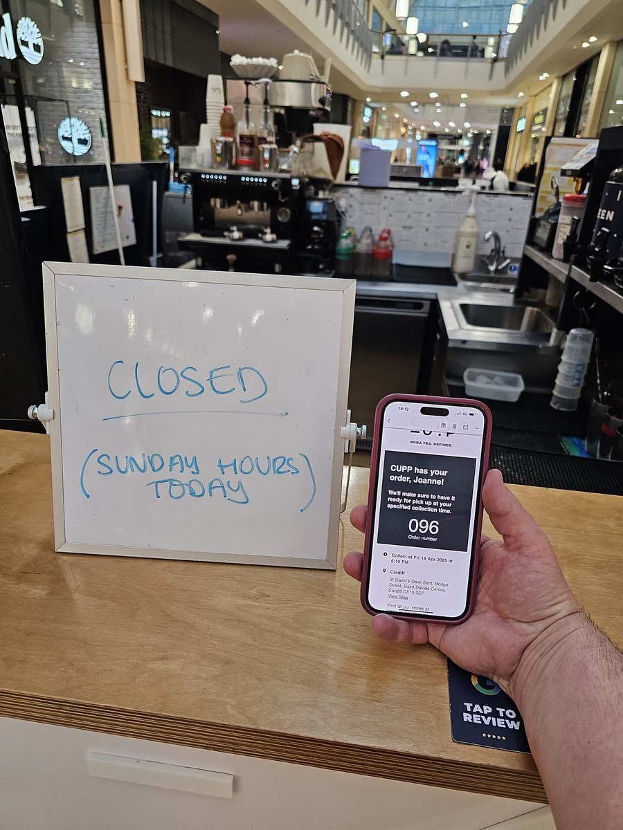 YetAnotherLogin's tweet photo. @cuppbubbletea - Another fantastic experience from Cupp. St David's. We ordered, came to St David's (which is open until 7:30pm today), only to find no one here and you closed at 5pm. Wasted petrol, time, and little over £11 held until who knows when. Thanks, Cupp Bubble Tea! https://t.co/Kc1cr0WNYg
