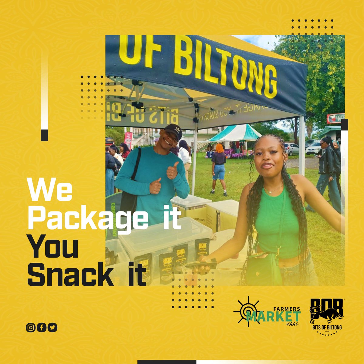 bitsofbiltong's tweet photo. Thank you to everyone who showed us support at Vaal Famer’s Market this past weekend. We all had a blast serving  you The premium Biltong Snack. 

#BitsOfBiltong #vaalfamersmarket #biltong #snack https://t.co/4O0Oqm1gu1