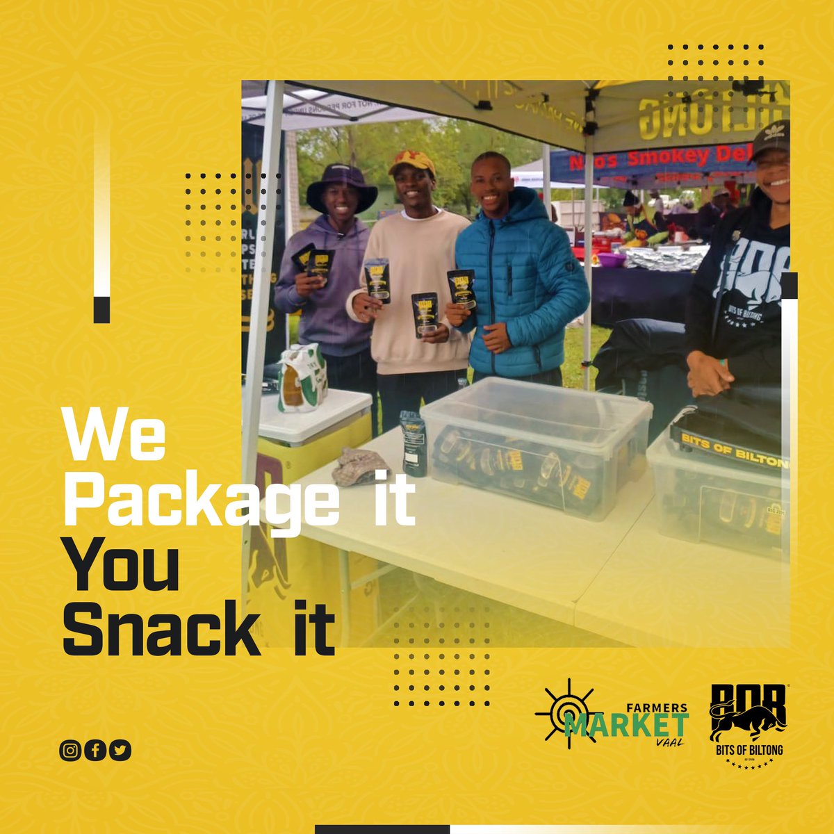 bitsofbiltong's tweet photo. Thank you to everyone who showed us support at Vaal Famer’s Market this past weekend. We all had a blast serving  you The premium Biltong Snack. 

#BitsOfBiltong #vaalfamersmarket #biltong #snack https://t.co/4O0Oqm1gu1