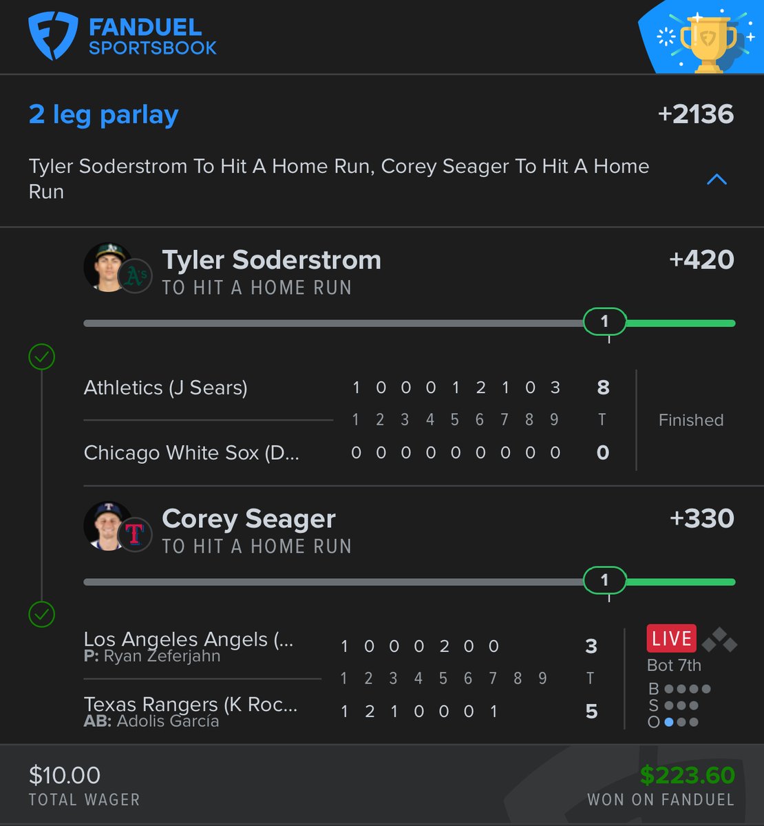 FlexAndFortune's tweet photo. HR parlay BANGER 💣💣
✅ Tyler Soderstrom + Corey Seager both go yard
$10 → $223.60 🧨
Big swings, big cash. Let’s keep firing! #DingersOnly #MLB #FanDuel #FlexAndFortune #GamblingX #GamblingTwitter https://t.co/fPsuZnqLrg
