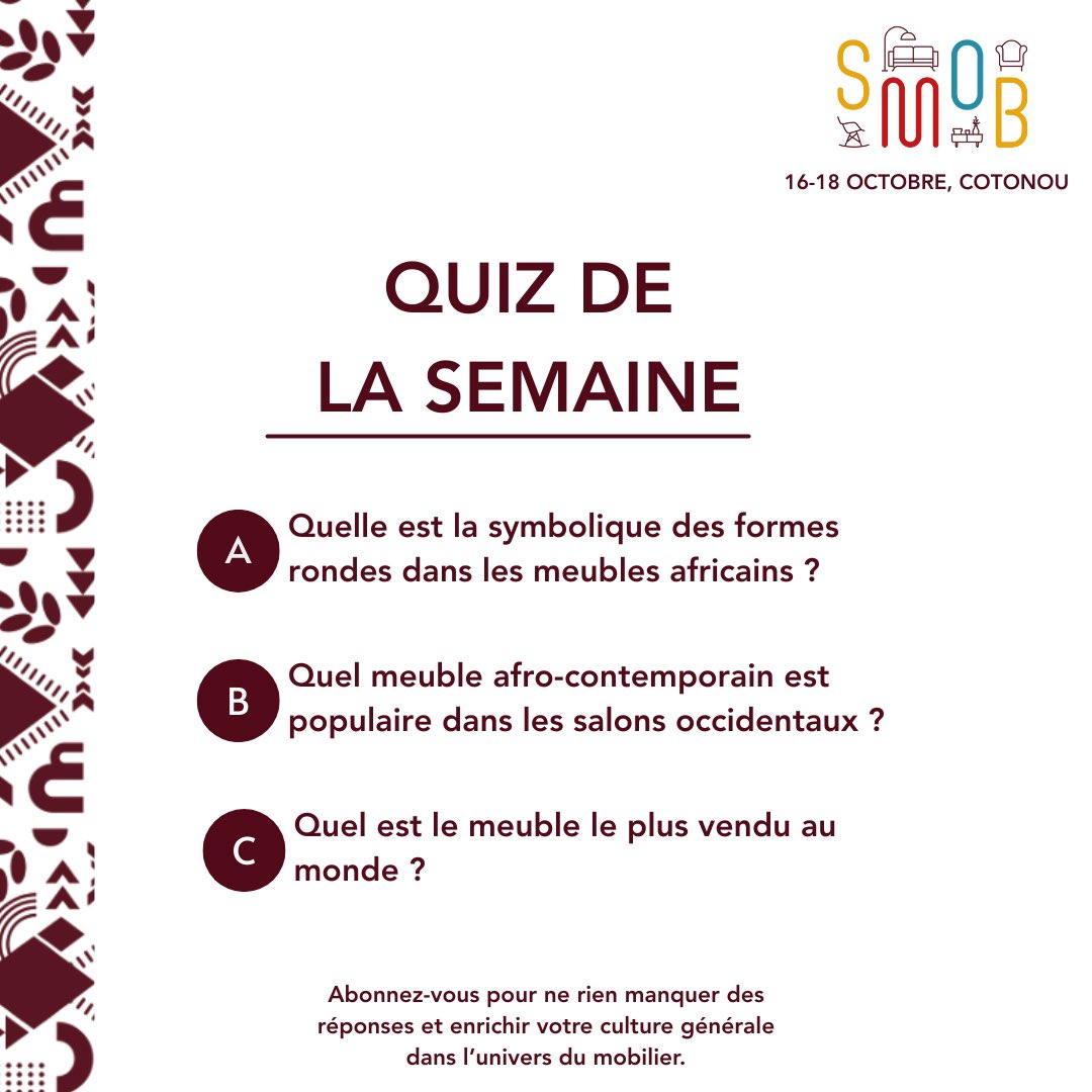 SMOB2025's tweet photo. 🎉 QUIZ TIME !

Chaque semaine, le SMOB vous propose un quiz rapide pour tester votre culture générale sur le mobilier, la déco et le design.
#SMOB2025 

PS: Les réponses seront postées demain à 12h !

#Mobilier #DesignAfricain #QuizDuJour #SalonDuMobilier #Quiz https://t.co/p4Gly4UjOR