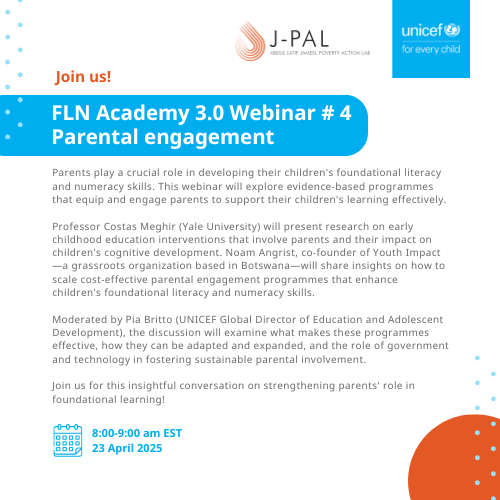 UNICEFEducation's tweet image. 👨👩👧👦 Parents play a key role in developing their children’s #FoundationalLearning skills!
Join @JPAL & @UNICEF for the 4th FLN Academy webinar exploring evidence-based ways to engage & equip parents to support children's learning.
📅 23 April
🕗 8–9am EST
unicef.zoom.us/webinar/regist…