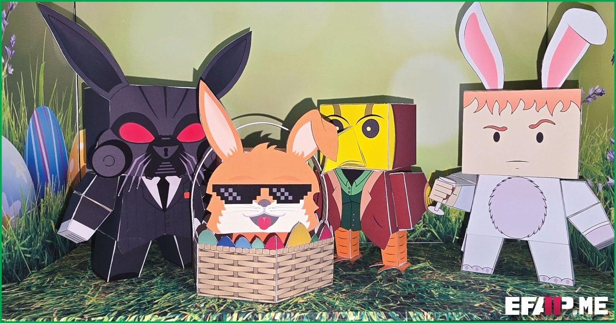 Efap.me update:
Its Easter my dudes!

Here we have:
Rags the rabbit doggo,
Mauler the cyber rabbit,
Fringy the easter chick,
and Little Platoon in a fetching rabbit onesie!
Check em out here: efap.me/paper#e25
