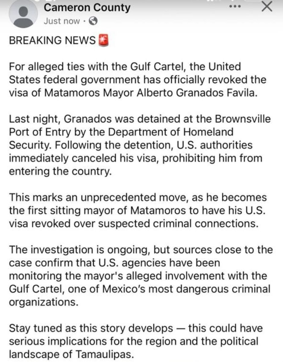 SGarciaSoto's tweet photo. #ÚltimaHora

El gobierno de EU revocó la visa al alcalde morenista de Matamoros, @Betogranadosmx por presuntos vínculos con el Cártel del Golfo. Ayer jueves a las 7pm el alcalde mexicano fue retenido en la Puerta de Entrada de Brownsville por agentes del Homeland Security y tras impedirle el ingreso a territorio estadounidense le cancelaron su visado. A Beto Granados se le vinculó recientemente con la detención de Édgar Alejandro "N" detenido también en Brownsville con 8 kilos de cocaína. ¿Será el primero de la lista de 100 políticos mexicanos que están en la lista negra del gobierno de @Trump?