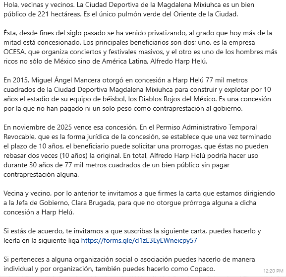 IztacalcoFA's tweet photo. No a la prórroga a la concesión del Estadio Harp Helú en la Ciudad Deportiva. Firma aquí: https://t.co/zHgQu4zz7g 
@Claudiashein, @IztacalcoAl, @LourdesPaz24, @ClaraBrugadaM, @MetropolisCDMX, @PAOTmx, 
@GobCDMX, @SEDEMA_CDMX, @SOBSECDMX https://t.co/X9oQwa27o2