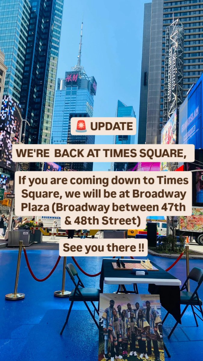 chessinslums's tweet image. 🚨 UPDATE

WE'RE  BACK AT TIMES SQUARE,  

If you are coming down to Times Square, we will be at Broadway Plaza (Broadway between 47th &amp;amp; 48th Street) 

cisatundegwr.com 

@Tunde_OD

#70HoursofChessWithTunde #ChessForEducation #ChessMarathonForChange #GWR2025