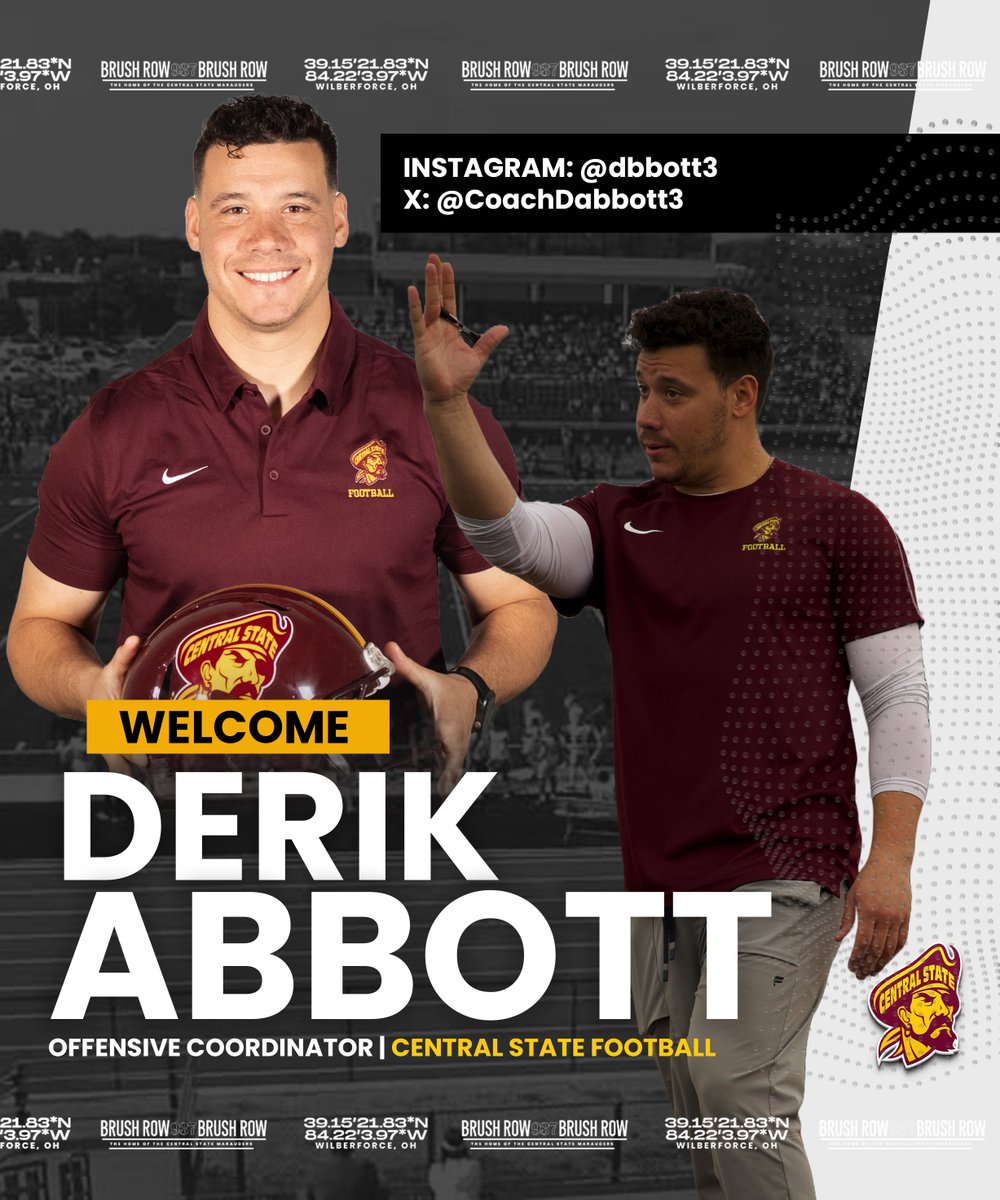 Central State Marauders Football 🏴☠️ (@gomaraudersfb) on Twitter photo The Marauders are excited to announce the hiring of Offensive Coordinator, Derik Abbott. Abbott joins the Marauders following his previous stints with Duquesne and Pitt.
<a href="/CoachDAbbott3/">Derik Abbott</a> <a href="/HBCUGoTV/">HBCUGO.TV</a>
<a href="/FootballScoop/">FootballScoop</a> <a href="/HBCUFBRecruits/">HBCUFootballRecruits</a>
<a href="/D2HBCUFOOTBALL/">D2 HBCU Football Guy</a>
<a href="/GoMarauders_/">Central State Marauders Athletics</a>
<a href="/HBCUSports1/">HBCU Premier Sports & More</a> The Marauders are excited to announce the hiring of Offensive Coordinator, Derik Abbott. Abbott joins the Marauders following his previous stints with Duquesne and Pitt.
<a href="/CoachDAbbott3/">Derik Abbott</a> <a href="/HBCUGoTV/">HBCUGO.TV</a>
<a href="/FootballScoop/">FootballScoop</a> <a href="/HBCUFBRecruits/">HBCUFootballRecruits</a>
<a href="/D2HBCUFOOTBALL/">D2 HBCU Football Guy</a>
<a href="/GoMarauders_/">Central State Marauders Athletics</a>
<a href="/HBCUSports1/">HBCU Premier Sports & More</a>