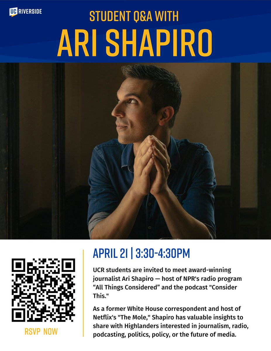 UCR welcomes acclaimed NPR host Ari Shapiro for a cozy, in-person experience happening on Mon, Apr 21st from 3:30pm to 4:30pm at the XCITE Center on the 1st Floor of the Rivera Library. You don't want to miss this opportunity of a lifetime!
