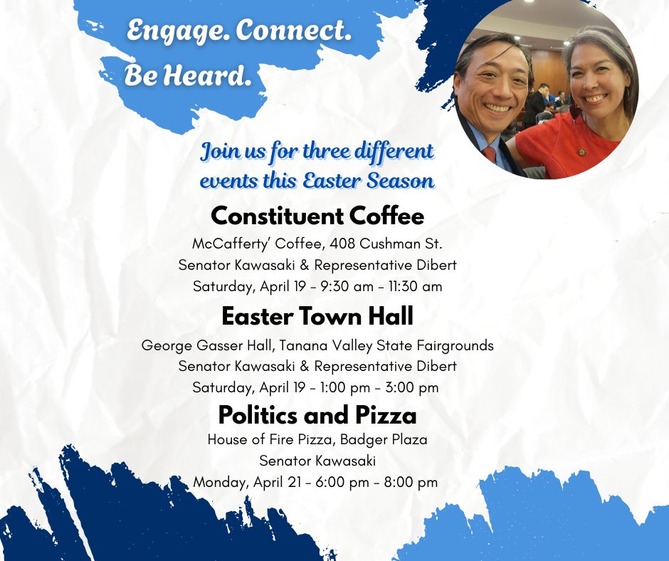 Come visit us at one or all of the town hall weekend events in Fairbanks! #akleg <a href="/RepMaxineDibert/">Representative Maxine Dibert</a>