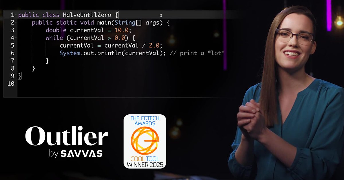 SavvasLearning's tweet photo. Proud that Outlier by Savvas is a 2025 @EdTechDigest Cool Tool Award winner for best college prep solution! Outlier is redefining dual-enrollment with high-quality, online college-level courses for high school students. Read more: https://t.co/bTpypoZ5Tw
#EdTechAwards https://t.co/866F7Cu5rb