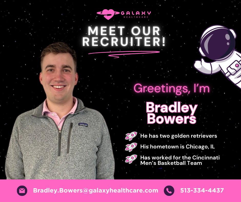 Galaxy_HCS's tweet photo. We’re over the moon to welcome Bradley to the Galaxy Healthcare universe! He’s here to help our travel nurses launch into their next amazing assignment🩺 

🪐 He has two golden retrievers
🪐 His hometown is Chicago
🪐 Has worked for the Cincinnati Men's Basketball Team https://t.co/zseGSKuPdD