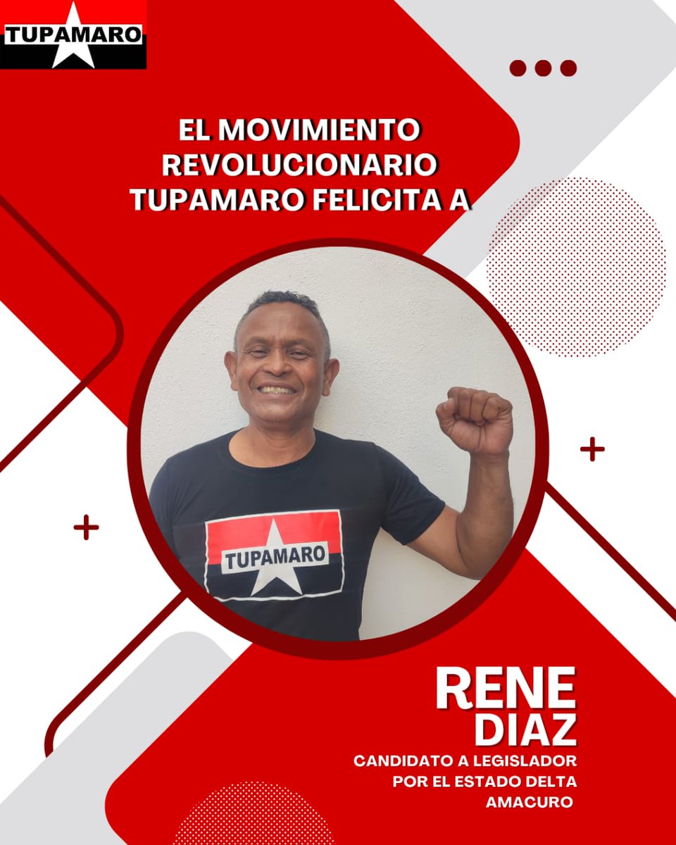 BolivarMrt4's tweet photo. El Movimiento Revolucionario Tupamaro felicita a nuestro camarada @reneTupamaro Responsable Político del Bloque Oriental, por su designación como candidato a Legislador por el Edo. @DeltaamacuroM. https://t.co/cv6hPD6EKi