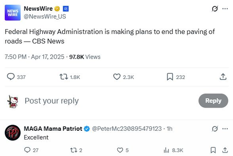 The golden age of America has begun! Enjoy your dirt-road commute!