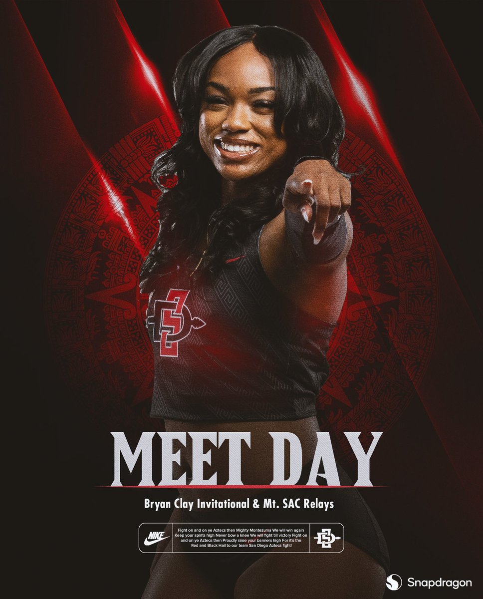 Back at it today at the Mt. SAC Relays and Bryan Clay Invitational.

📍 Hilmer Lodge Stadium / Cougar Athletic Stadium
👟 Mt. SAC Relays / Bryan Clay Invitational
⏰ 11 a.m. PT / 5 p.m. PT
⏱️ rtspt.com/events/mtsac/2… +
finishedresults.trackscoreboard.com/meets/12583/ev…
 
#GoAztecs