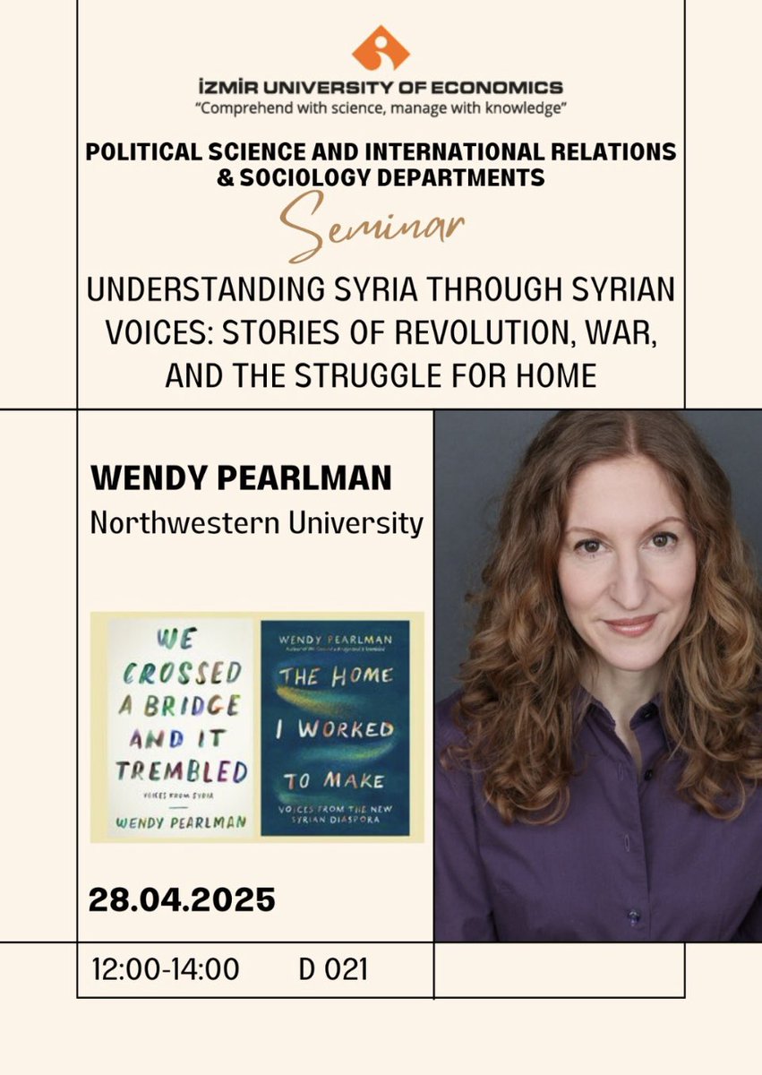 Serhun AL (@serhunal) on Twitter photo We are happy to host <a href="/Wendy_Pearlman/">Wendy Pearlman</a> in Izmir on the 28th. The talk will be open to public. <a href="/IEU_SBUI/">İEÜ Siyaset Bilimi ve Uluslararası İlişkiler</a> We are happy to host <a href="/Wendy_Pearlman/">Wendy Pearlman</a> in Izmir on the 28th. The talk will be open to public. <a href="/IEU_SBUI/">İEÜ Siyaset Bilimi ve Uluslararası İlişkiler</a>
