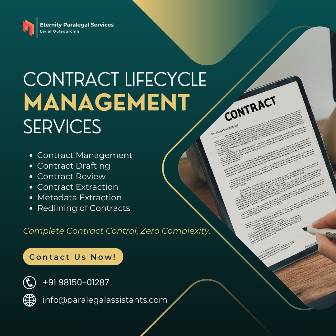 EPS_Paralegals's tweet image. 📄 Struggling to manage client or vendor contracts?
Our Contract Lifecycle Management Services keep your firm or business on track—drafts, renewals, deadlines & more.
Partner with Eternity Paralegal Services today. bit.ly/4cyioII
#CLM #LegalSupport #ContractHelp
