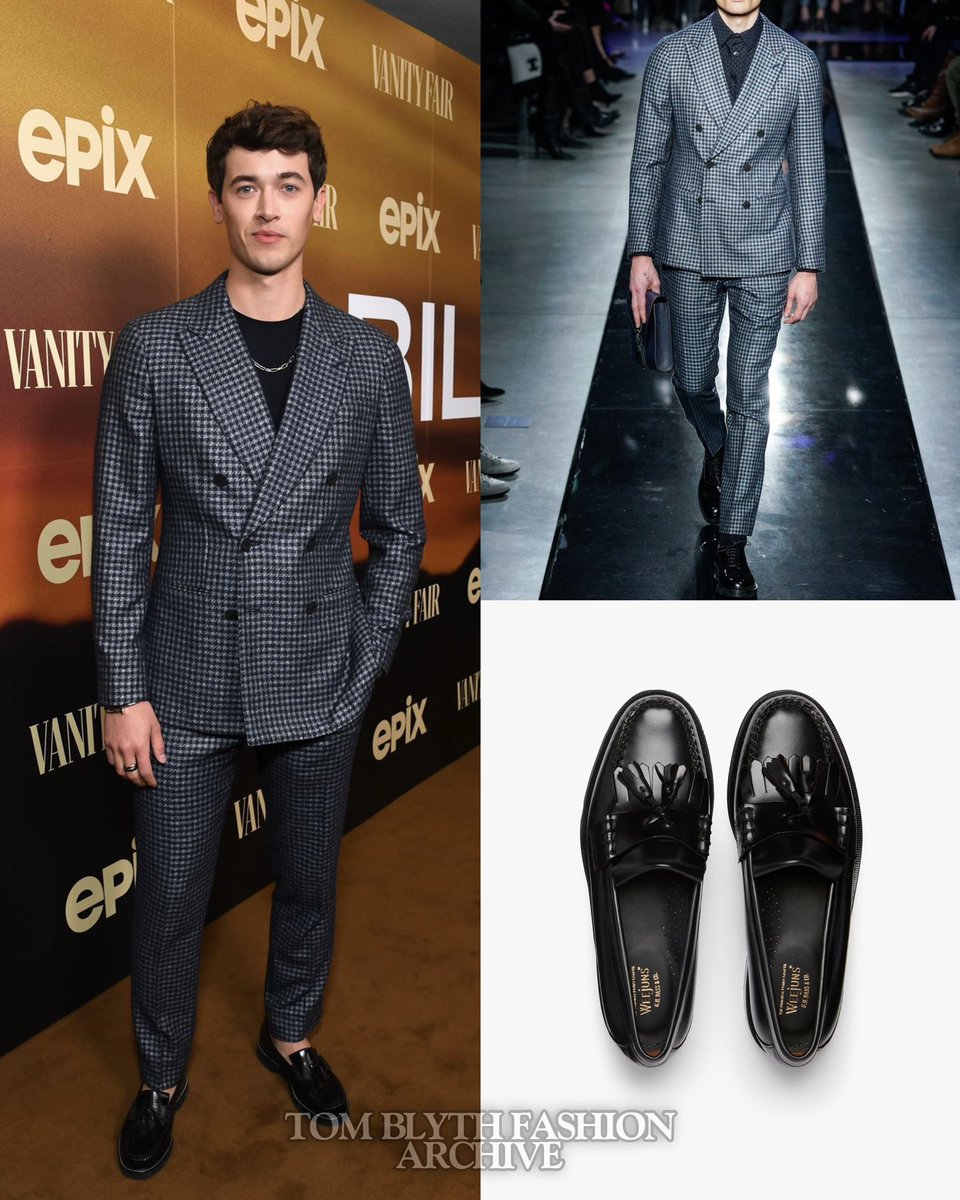 tomblythfashion's tweet photo. Tom Blyth wearing #GiorgioArmani Fall/Winter 2019 suit (N/A), #GHBass Weejuns Layton Kiltie Loafers in Black Leather (£205) to the Billy the Kid premiere in 2022. https://t.co/dmINRsxCQu