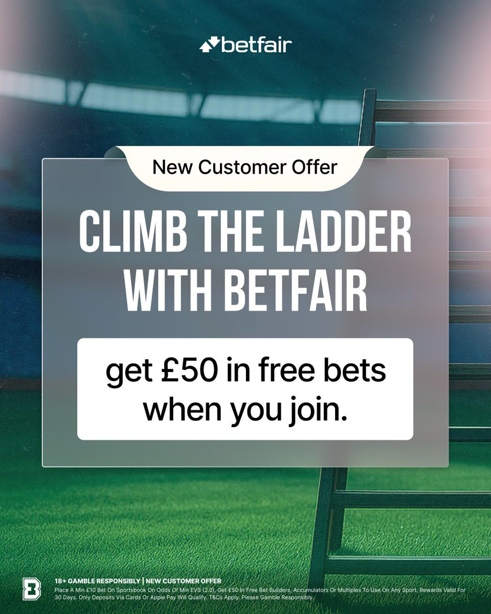 BadManBetting's tweet photo. 👋 New follower? 

🎁 Climb the Ladder with Betfair &amp; get £50 in Free Bets 

🔗 Claim it: https://t.co/uRJn9dJXMQ 

Just stake £10 on your first bet at Evens or above &amp; get £50 Free Bets.

You’ll also get Boosted odds on each bet of the Ladder.

18+, T&amp;Cs Apply. Ad https://t.co/9ETkLlsLkA