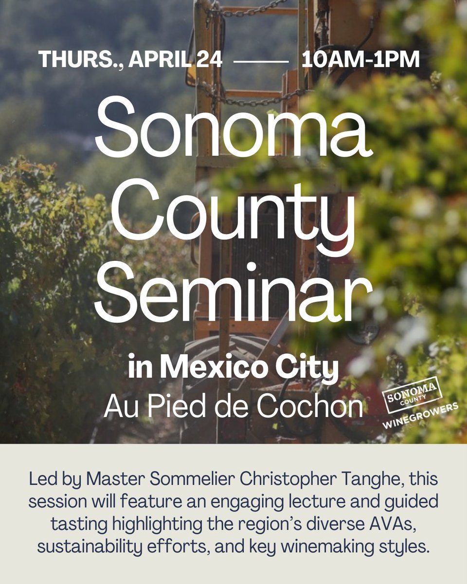 Join us in Mexico City for a Sonoma County Seminar with Master Sommelier Christopher Tanghe! 

📍 Au Pied de Cochon
📅 Thursday, April 24
🕙 10AM–1PM

🎟 guildsomm.com/store/?store-p…