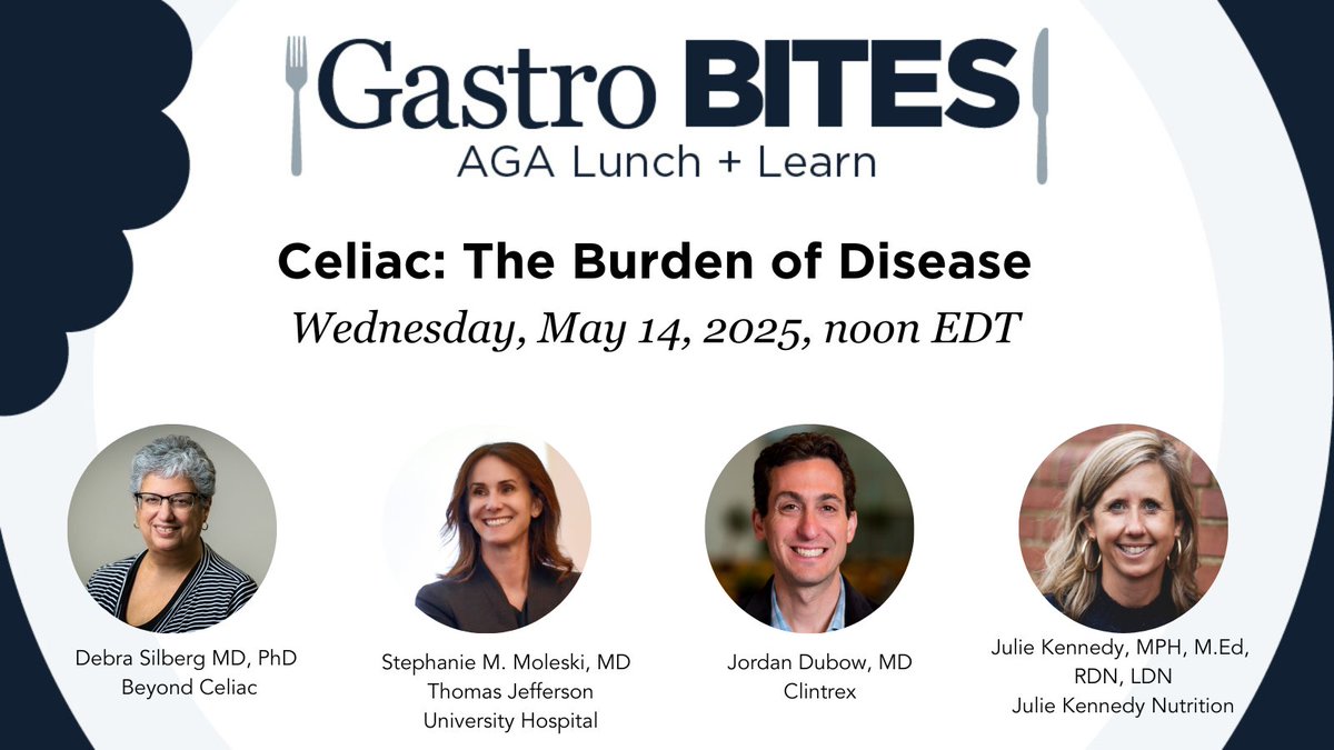 American Gastroenterological Association (AGA) (@amergastroassn) on Twitter photo Join us and <a href="/BeyondCeliac/">Beyond Celiac</a> on May 14 to:
✔️Understand symptoms when a patient initially presents w/ celiac or after starting a gluten-free diet
✔️Get familiar with extraintestinal symptoms that may be missed
✔️Hear directly from a patient
Register today: ow.ly/e85J50VBcB2 Join us and <a href="/BeyondCeliac/">Beyond Celiac</a> on May 14 to:
✔️Understand symptoms when a patient initially presents w/ celiac or after starting a gluten-free diet
✔️Get familiar with extraintestinal symptoms that may be missed
✔️Hear directly from a patient
Register today: ow.ly/e85J50VBcB2