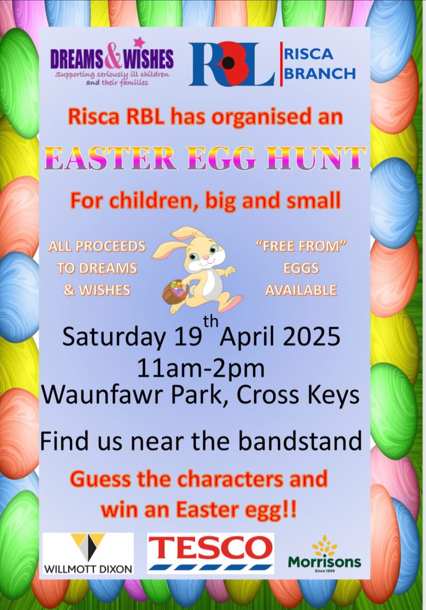 🐰 Tomorrow, the Risca Royal British Legion branch is hosting their annual Easter Egg Hunt at Waunfawr Park, Crosskeys, at 11am. Whether you're a local or just visiting, everyone is welcome to come along. We'll be there come rain or shine 🌦️, with plenty of Easter eggs!