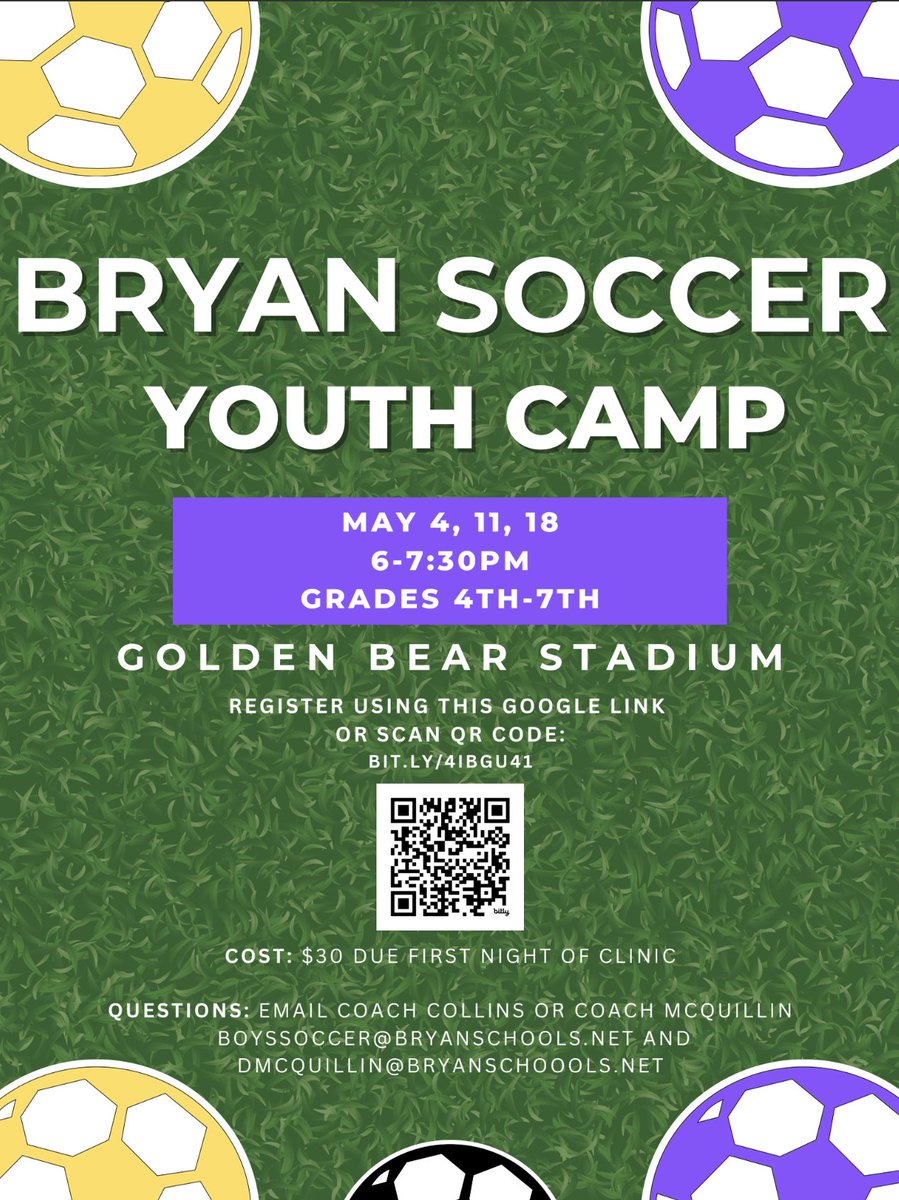 Soccer camp is just over a week away! You can register using the link below. 

docs.google.com/forms/d/e/1FAI…

For a list of all our camps and ways to sign up, visit BryanSports.com!