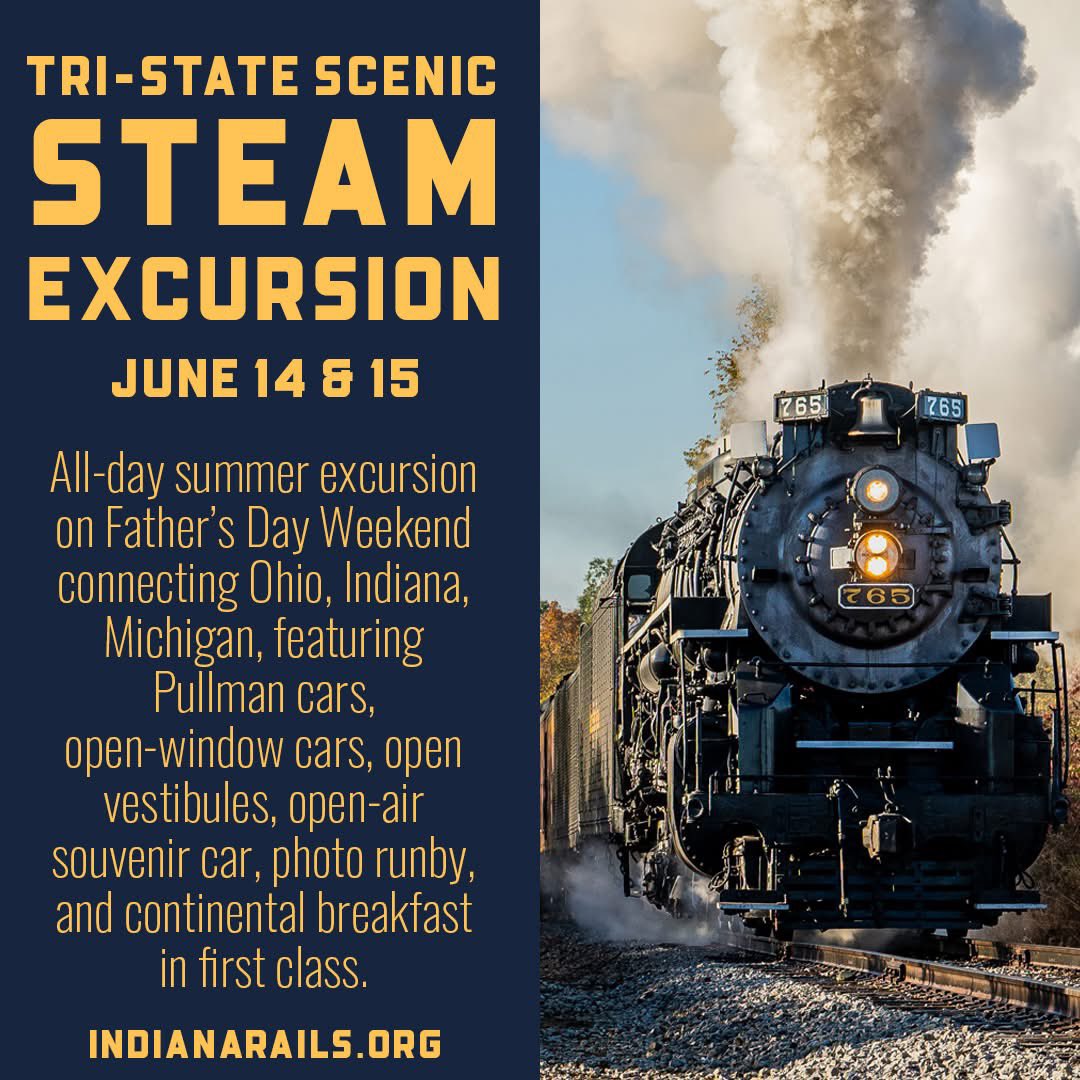 FortWayneRails's tweet photo. 🚂☀️ The Tri-State Scenic Steam Excursion returns this June on Father's Day Weekend! Join us for an all-day adventure powered exclusively by steam locomotive No. 765 featuring Coach, Open Window, First Class, Pullman Class, and Private Car accommodations. https://t.co/HdNIZADrE6