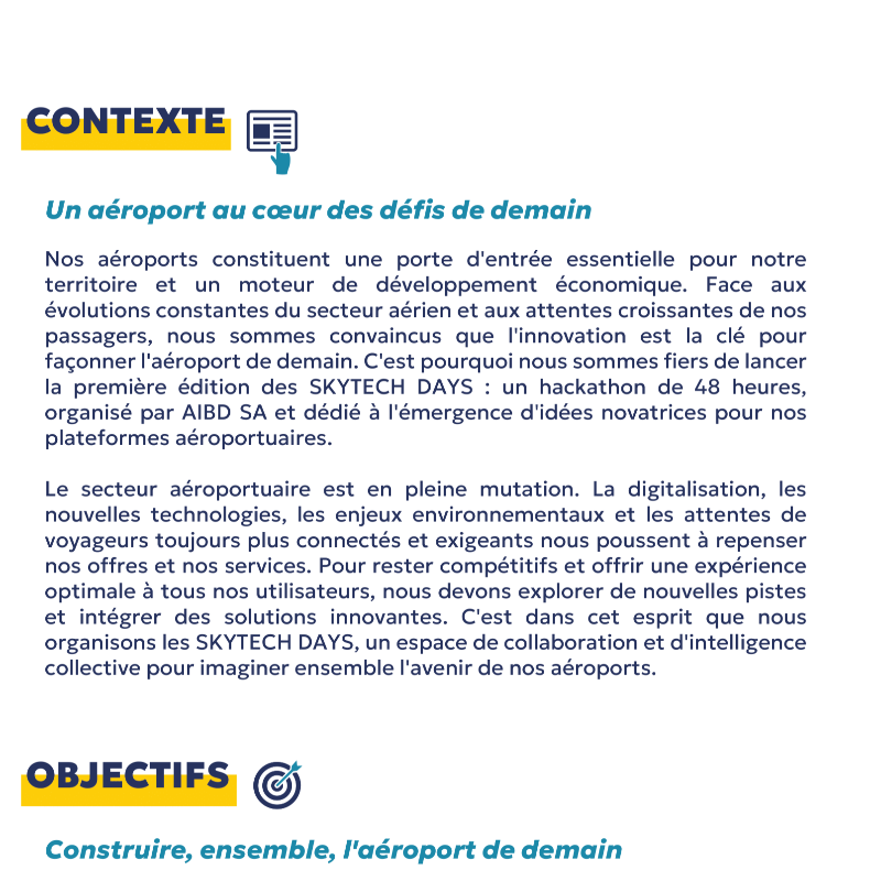 AIBDsa's tweet photo. Skytech days ! Hackathon AIBD SA
Relevez le défi de l’innovation ! 🚀

APPEL À CANDIDATURE 

THÈME : IMPULSER UNE DYNAMIQUE D'INNOVATION DANS L'OFFRE DE SERVICES DES AÉROPORTS.