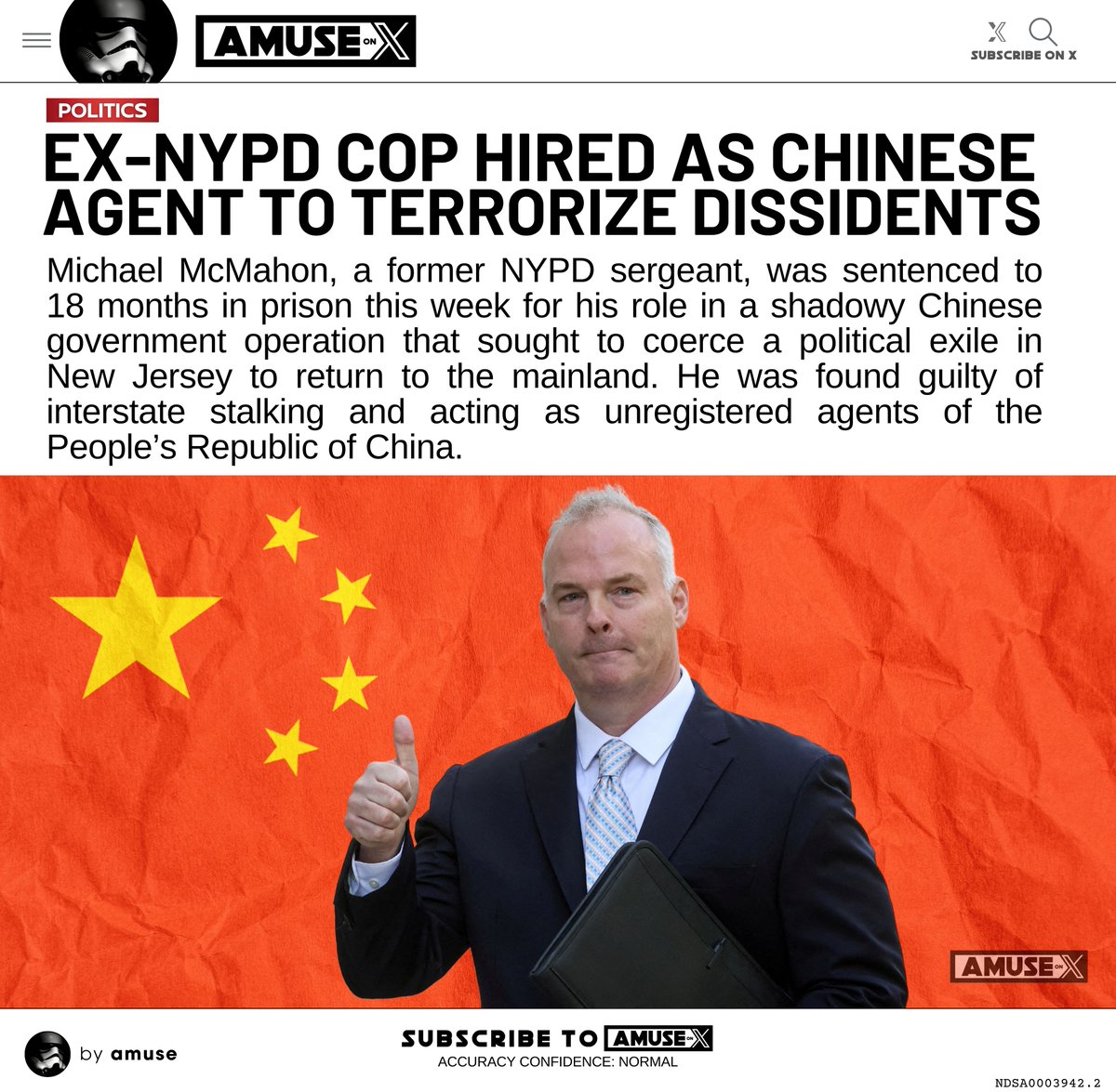 amuse's tweet image. CHINA: Who isn't on China's payroll? First it was Hunter, then Boston's mayor, and now ex-NYPD cops. Why are Americans so willing to sell out their country? Michael McMahon is going to jail for 18 months for spying for China. Shameful.
h/t @bennyjohnson