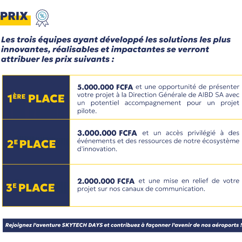 AIBDsa's tweet photo. Skytech days ! Hackathon AIBD SA
Relevez le défi de l’innovation ! 🚀

APPEL À CANDIDATURE 

THÈME : IMPULSER UNE DYNAMIQUE D'INNOVATION DANS L'OFFRE DE SERVICES DES AÉROPORTS.