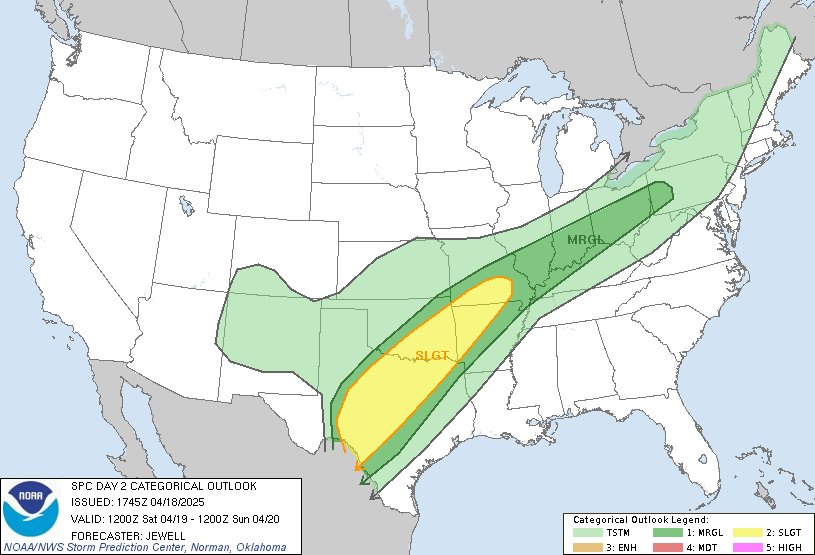 12:47pm CDT #SPC Day2 Outlook Slight Risk: over much of central Texas northeastward into southern Missouri spc.noaa.gov/products/outlo…