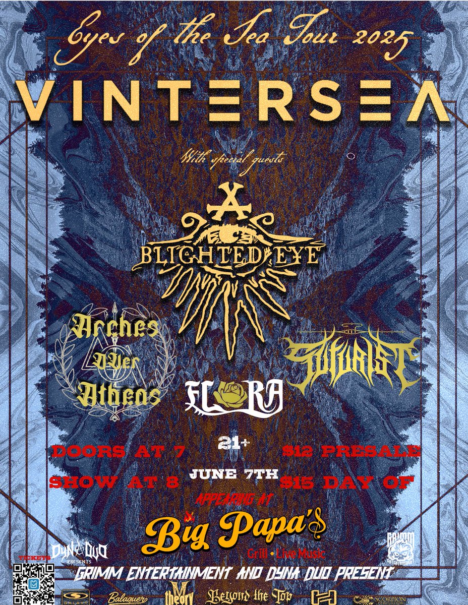 🚨ANNOUNCEMENT🚨

In collaboration with Grimm Entertainment:

<a href="/vinterseaband/">vintersea</a> 
Blighted Eye
<a href="/suturistband/">Suturist</a> 
Arches Over Athens
Flora

LIVE June 7th at Big Papa’s Grill in Twin Falls, Idaho!

🎟️: simpletix.com/e/vintersea-bl…